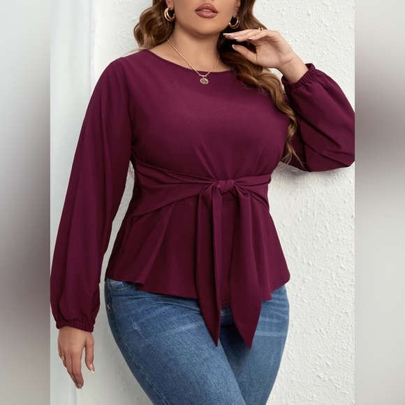 Plus Size Tie Front Long Sleeve Blouse - Picture 1 of 4